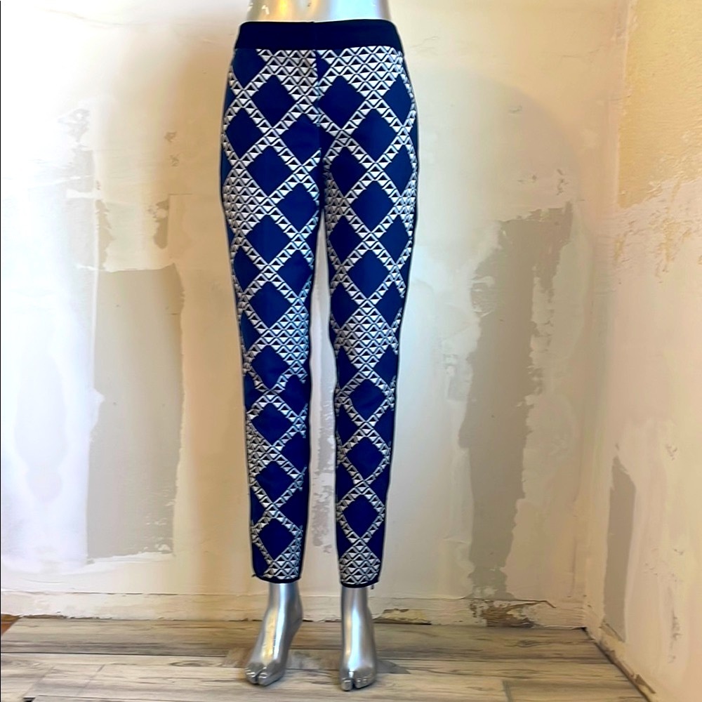 Trina Turk Blue and White Geometric Cropped Pants